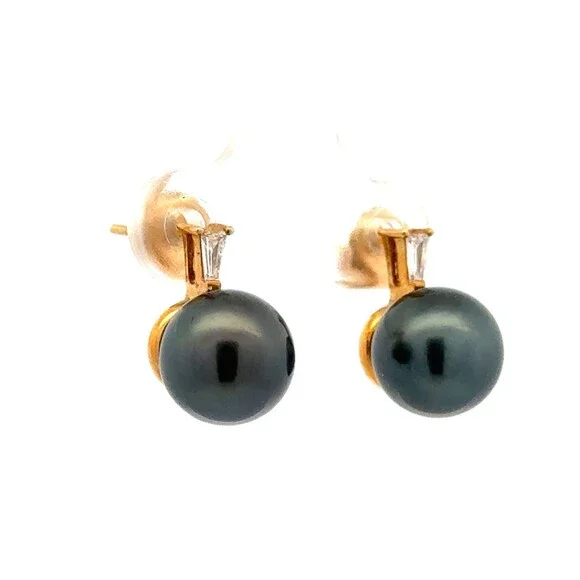 Vtg Jacks Handicrafts (Jacks of Fiji) 18K Ylw Gold Black Pearl Diamond Earrings